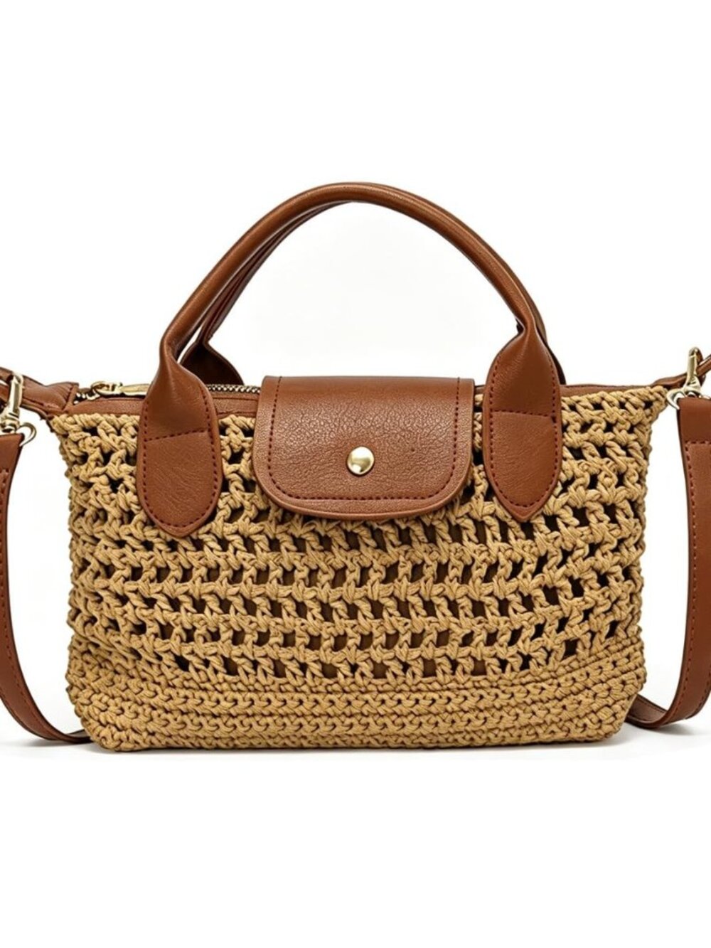 Crochet Tote Bag for Women Mini Boho Handbag Leather Trim Crossbody Purse Casual